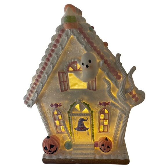 Halloween Gingerbread House Decoration W/ Ghost & Pumpkins Lights Up New